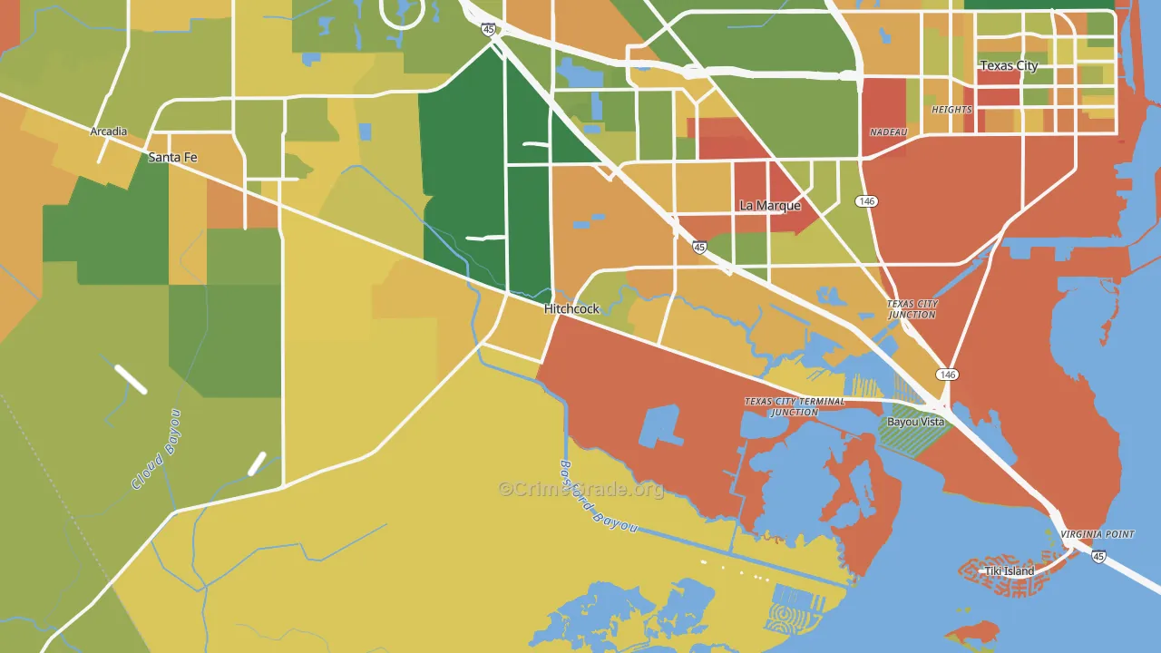 Hitchcock, TX Map of Robbery Rates