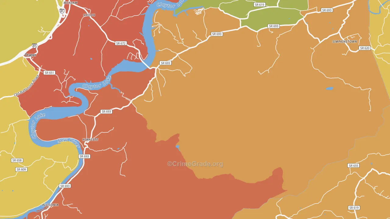 Hiwassee, VA Map of Robbery Rates