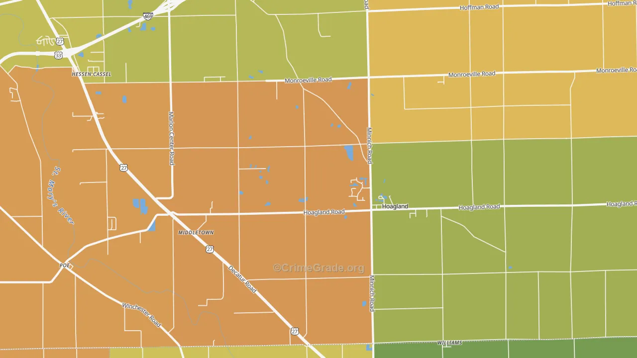 Hoagland, IN Map of Robbery Rates