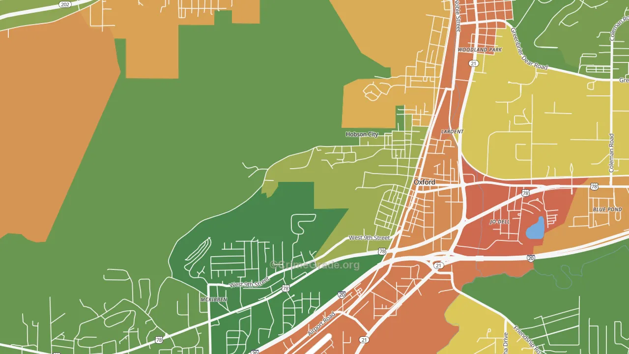 Hobson City, AL Map of Robbery Rates