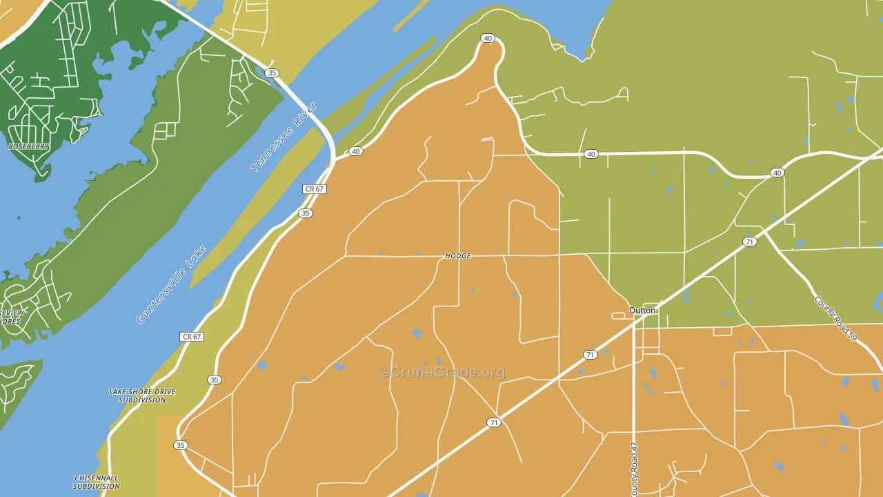 Hodge, AL Map of Robbery Rates