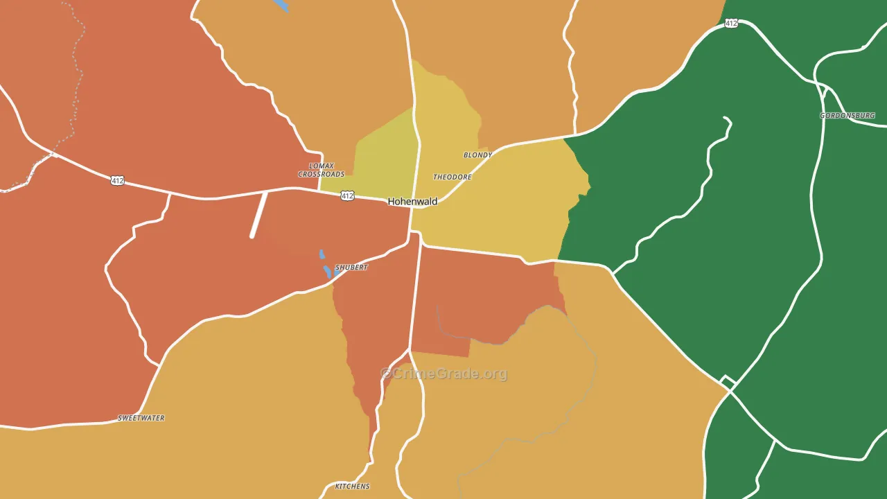 Hohenwald, TN Map of Robbery Rates