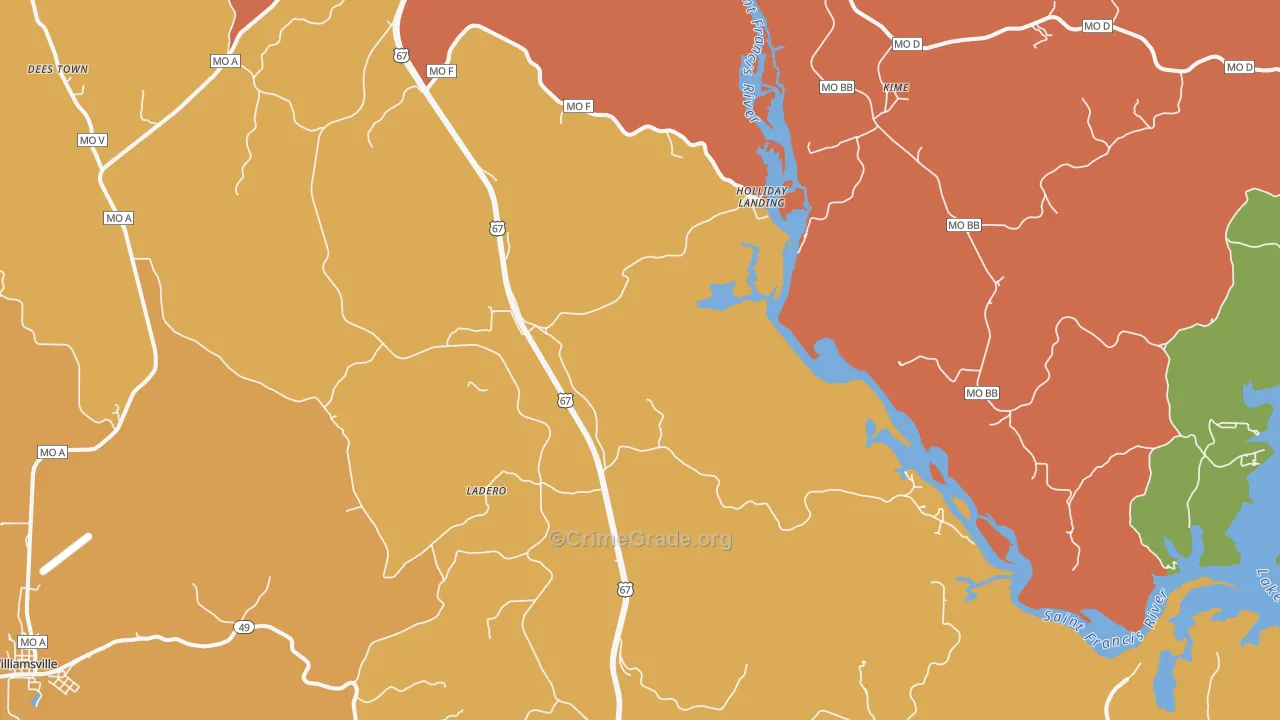 Holliday Landing, MO Map of Robbery Rates