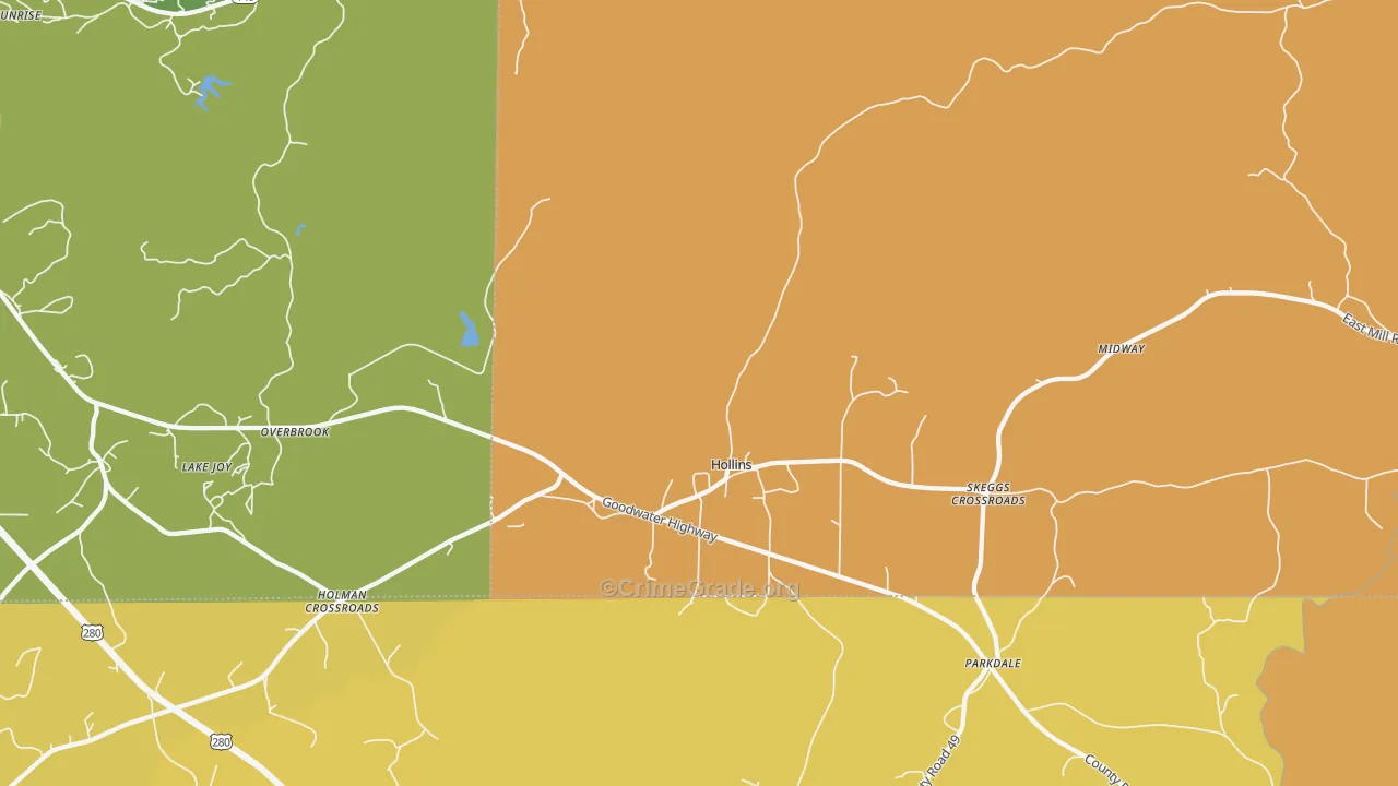 Hollins, AL Map of Robbery Rates