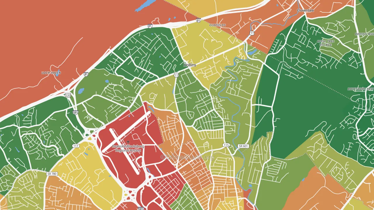 Hollins, VA Map of Robbery Rates
