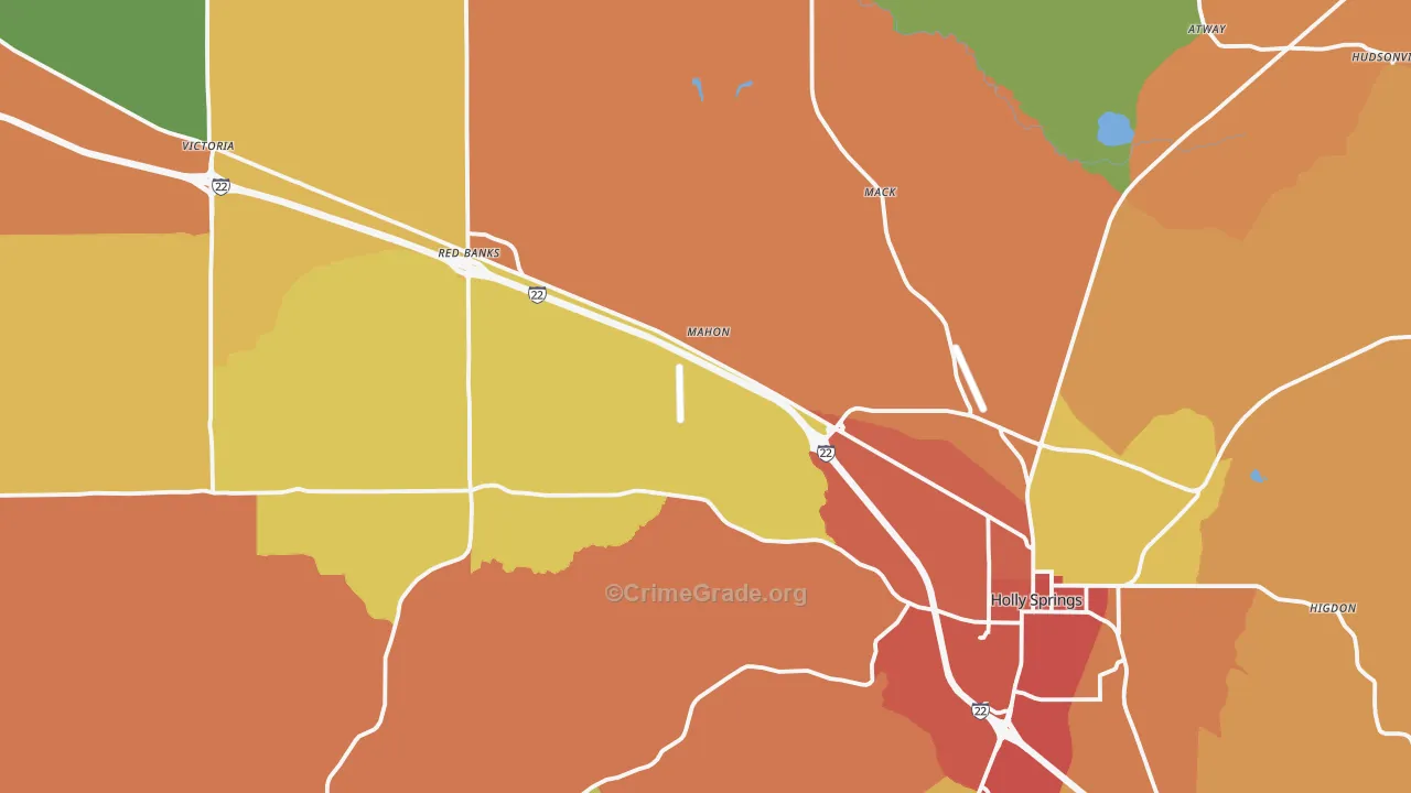 Holly Springs, MS Map of Robbery Rates