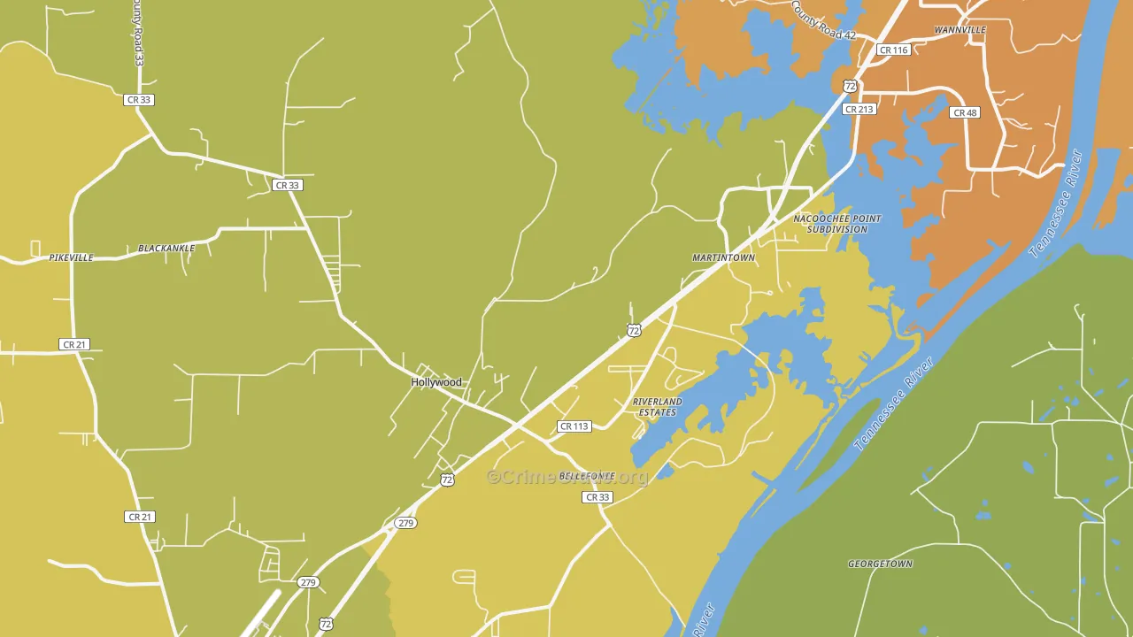 Hollywood, AL Map of Robbery Rates