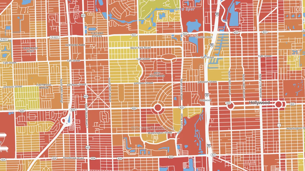 Hollywood Hills, Hollywood, FL Map of Robbery Rates