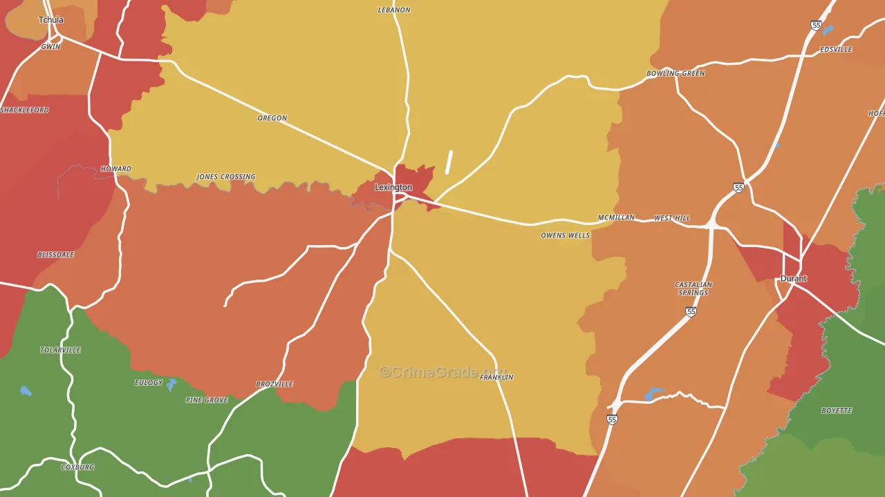 Holmes County, MS Map of Robbery Rates