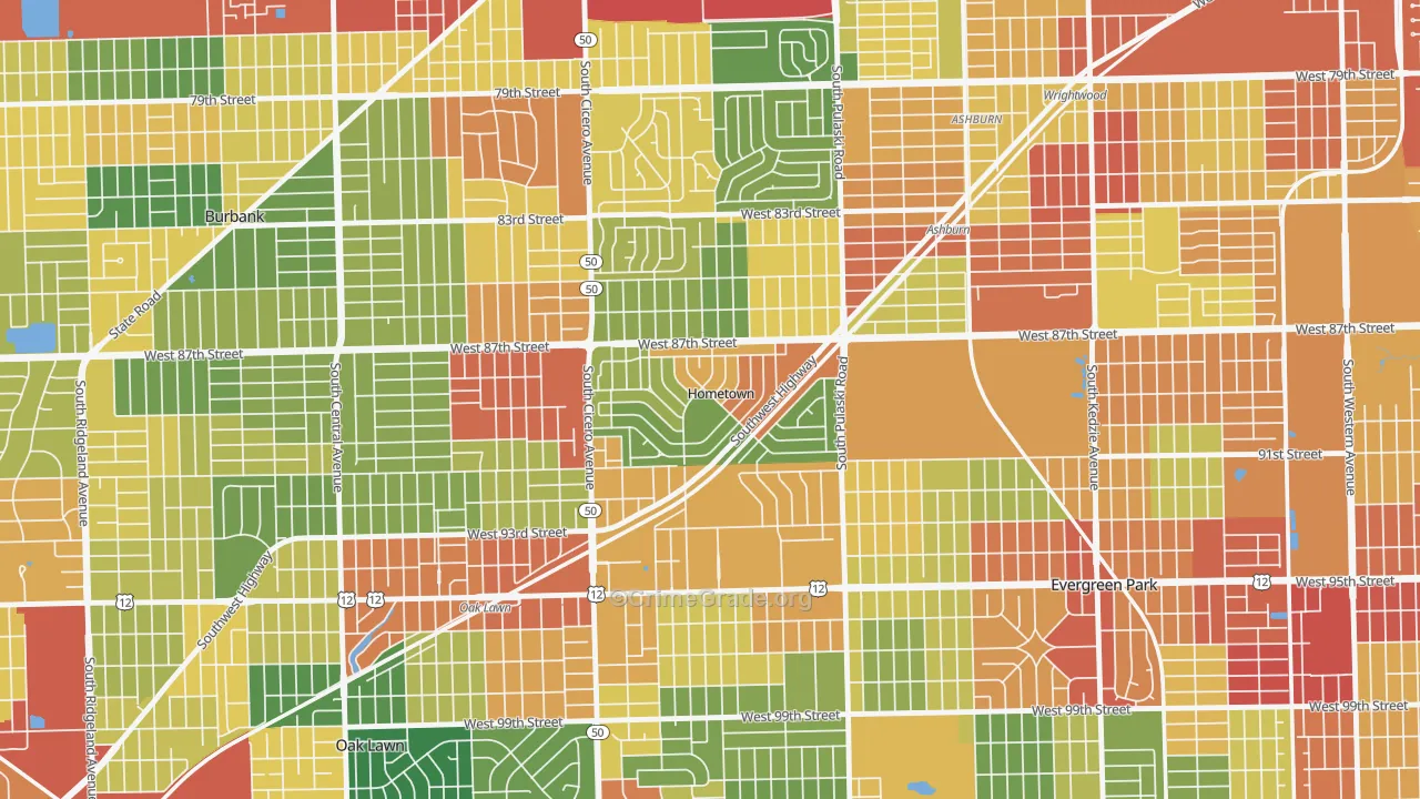 Hometown, IL Map of Robbery Rates