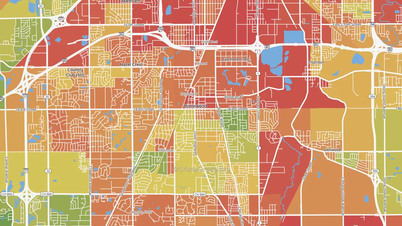Homewood, IL Map of Robbery Rates