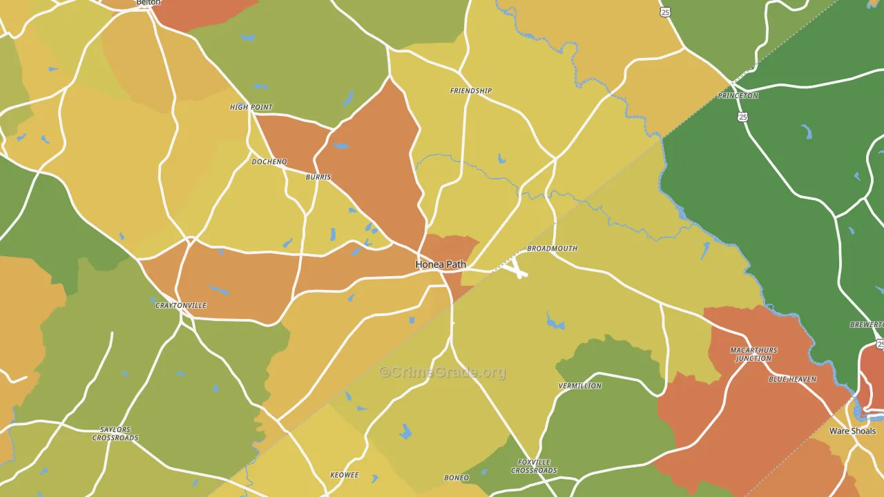 Honea Path, SC Map of Robbery Rates