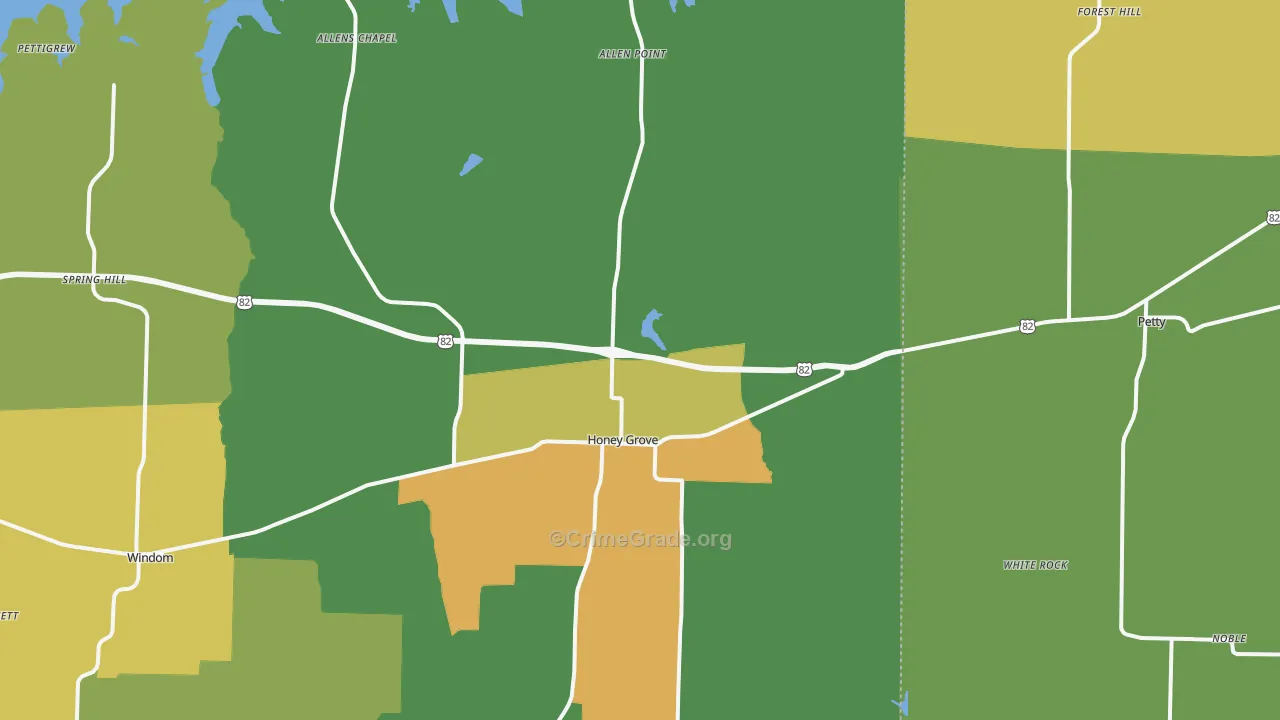 Honey Grove, TX Map of Robbery Rates