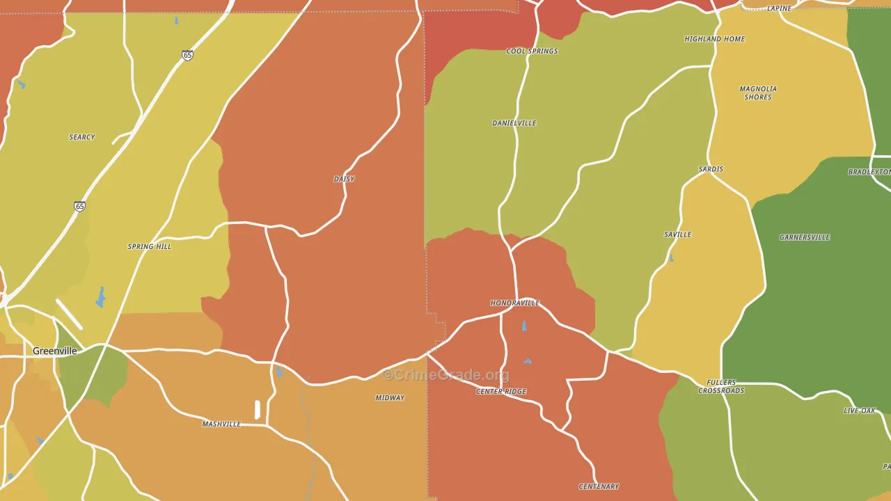 Honoraville, AL Map of Robbery Rates
