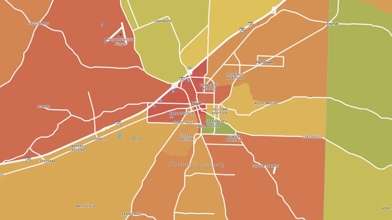 Hope, AR Map of Robbery Rates