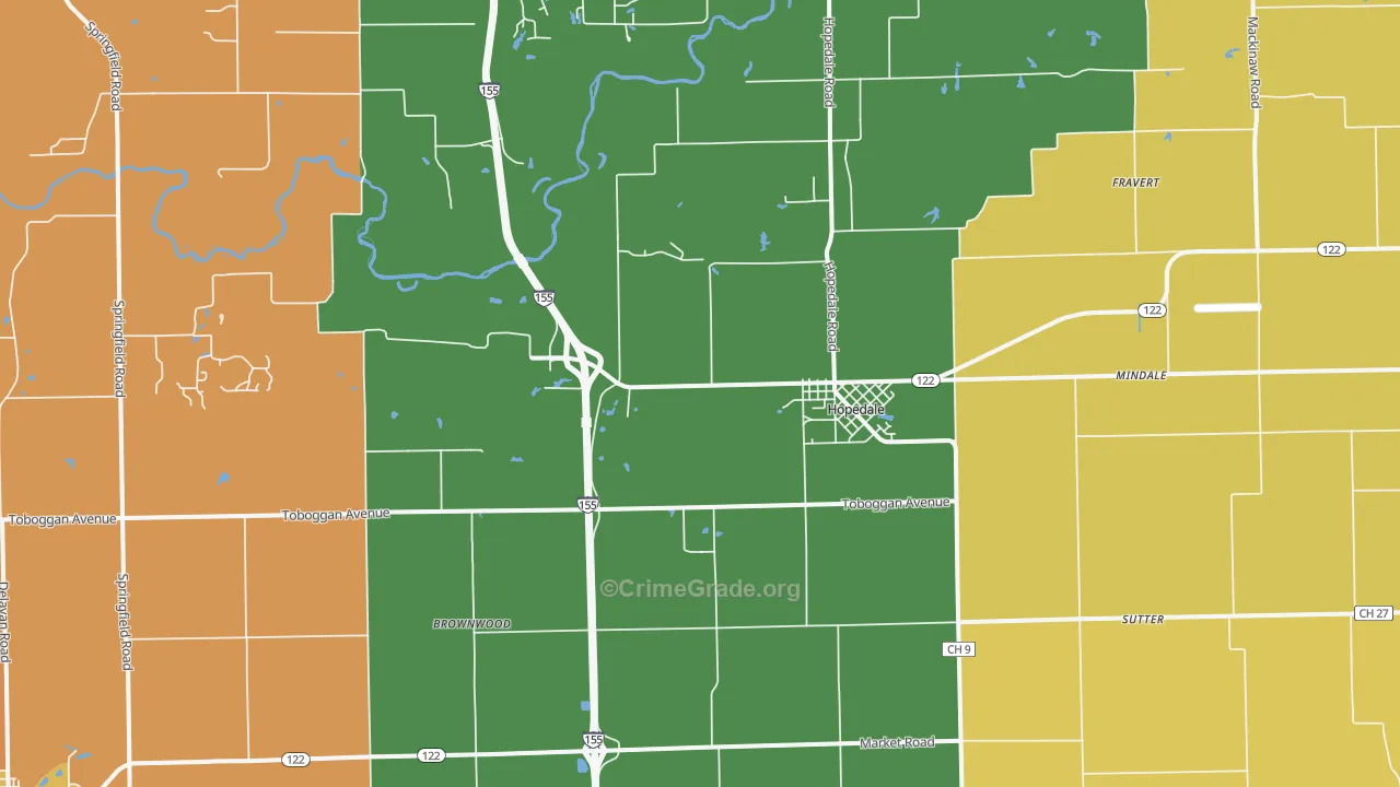 Hopedale, IL Map of Robbery Rates