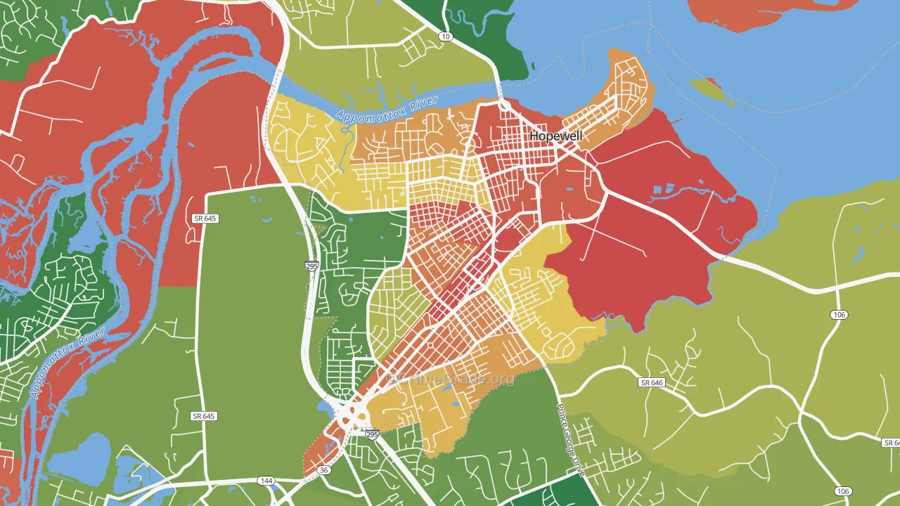 Hopewell City, VA Map of Robbery Rates