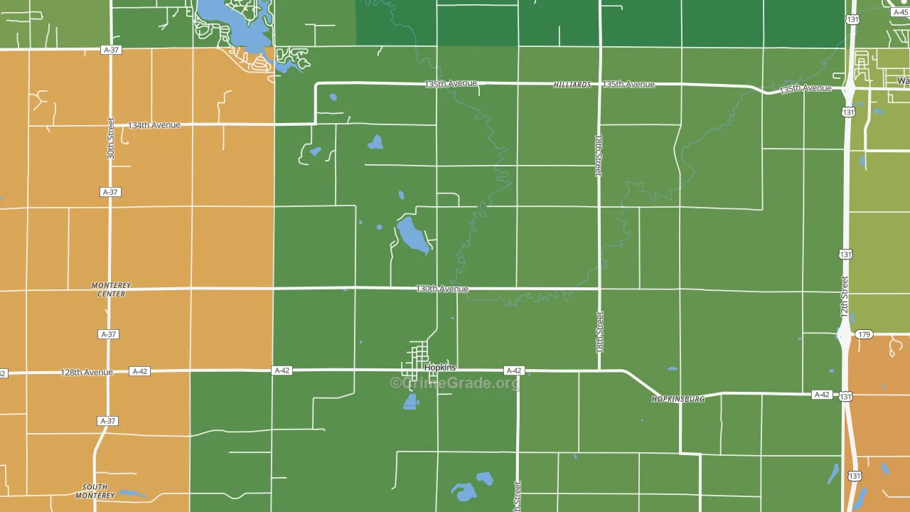 Hopkins, MI Map of Robbery Rates