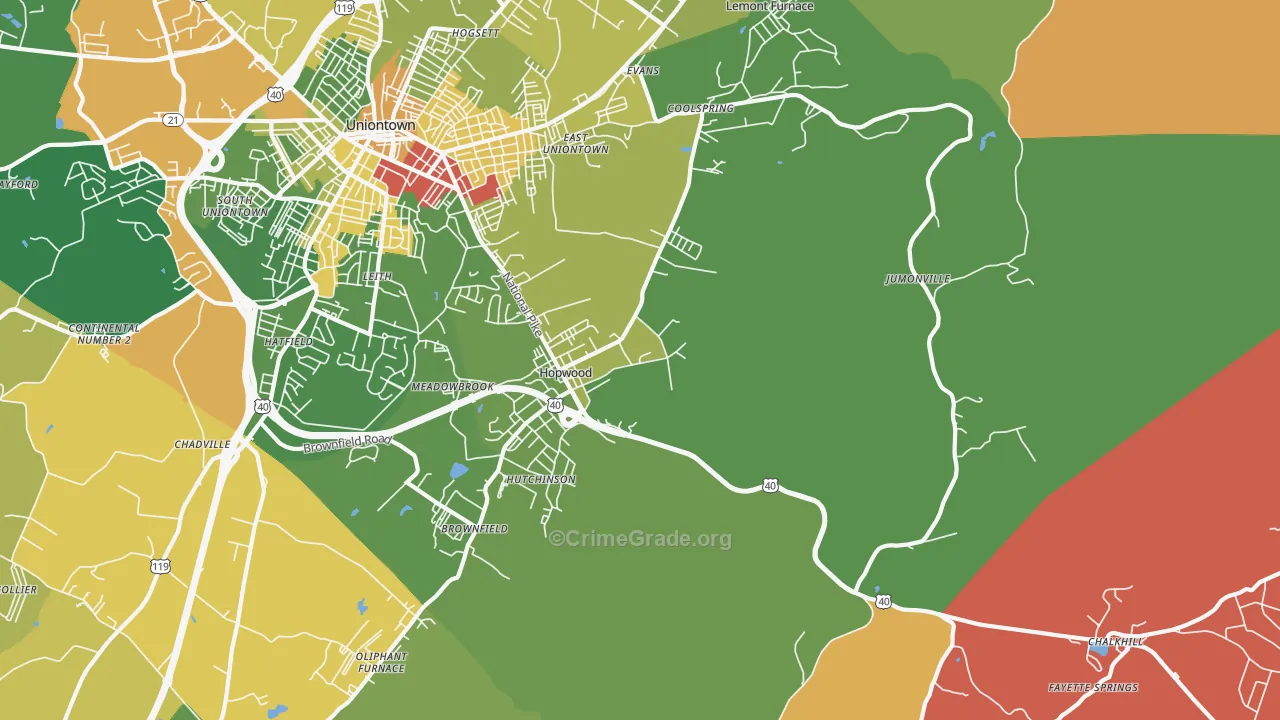 Hopwood, PA Map of Robbery Rates