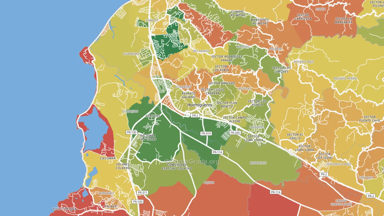 Hormigueros, PR Map of Robbery Rates