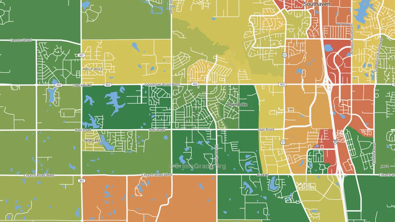 Horn Lake, MS Map of Robbery Rates