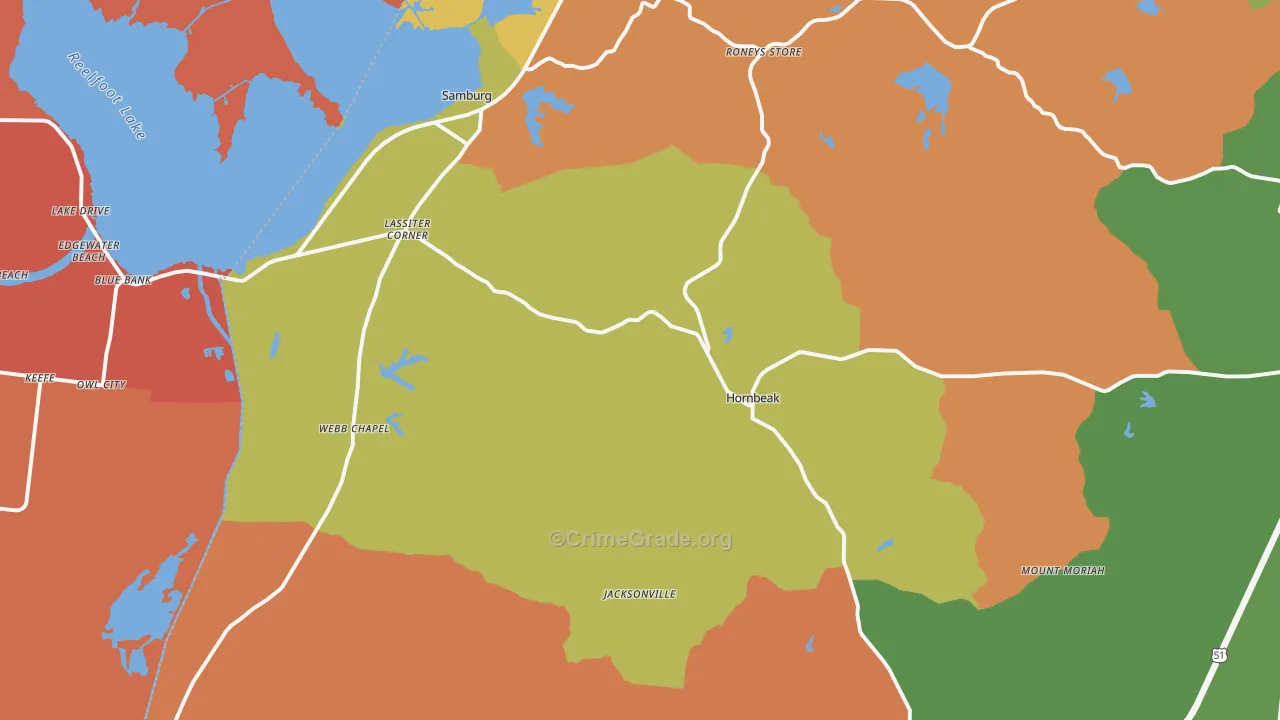 Hornbeak, TN Map of Robbery Rates