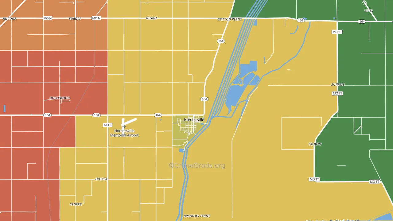 Hornersville, MO Map of Robbery Rates