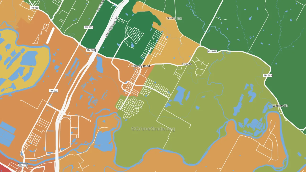 Hornsby Bend, TX Map of Robbery Rates