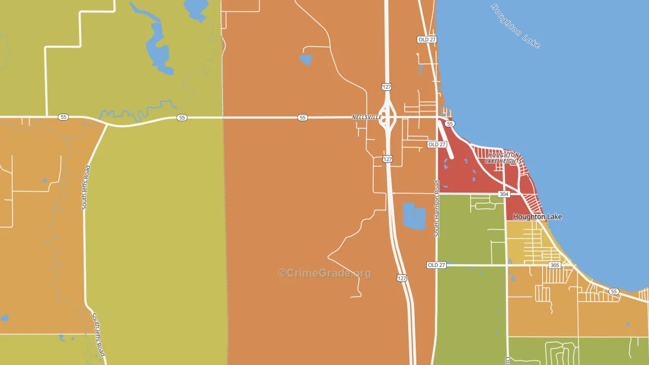 Houghton Lake Heights, MI Map of Robbery Rates