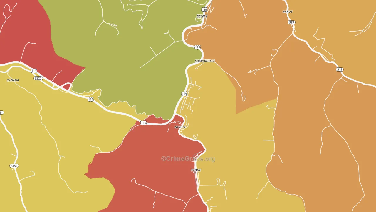 Huddy, KY Map of Robbery Rates