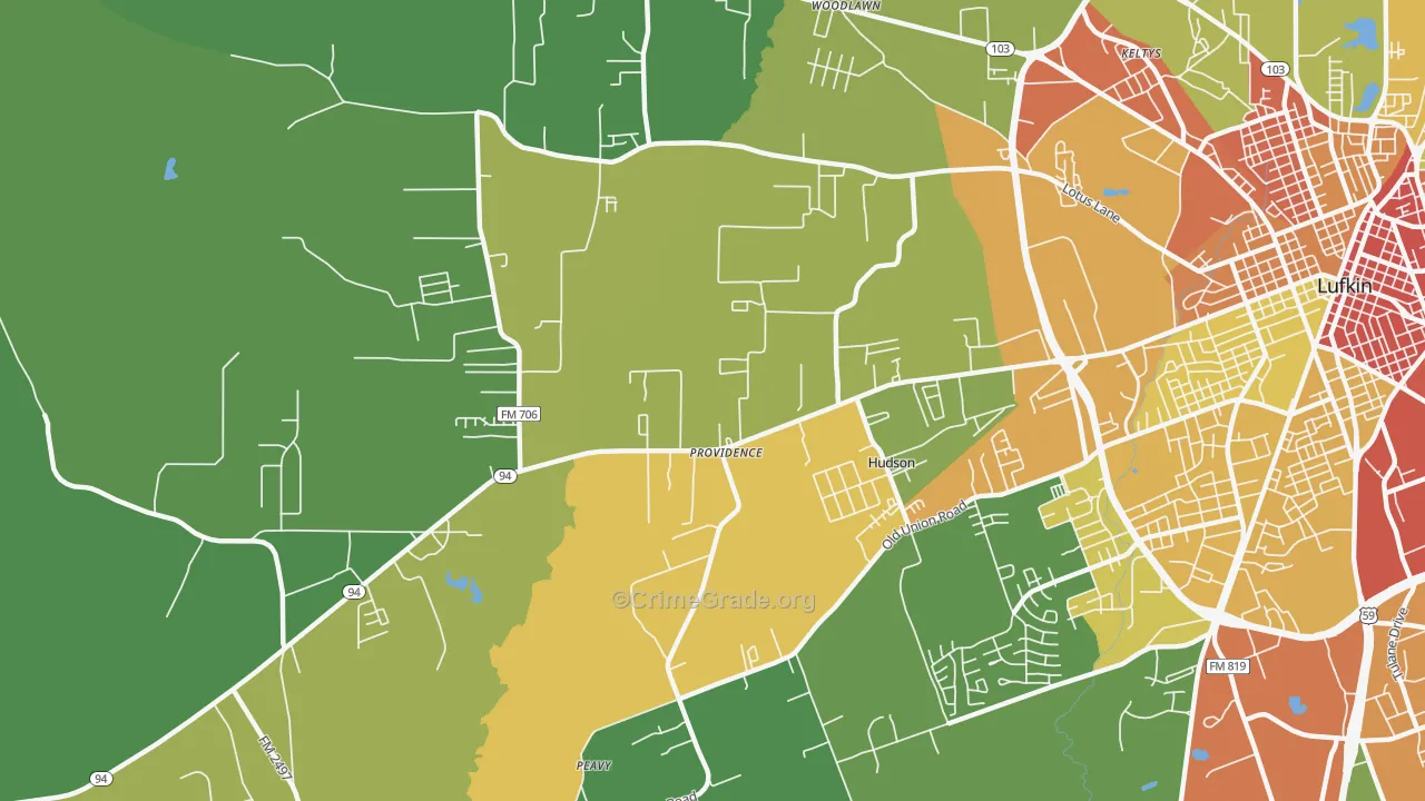 Hudson, TX Map of Robbery Rates
