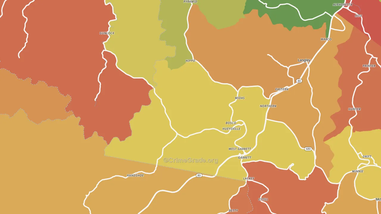 Hueysville, KY Map of Robbery Rates