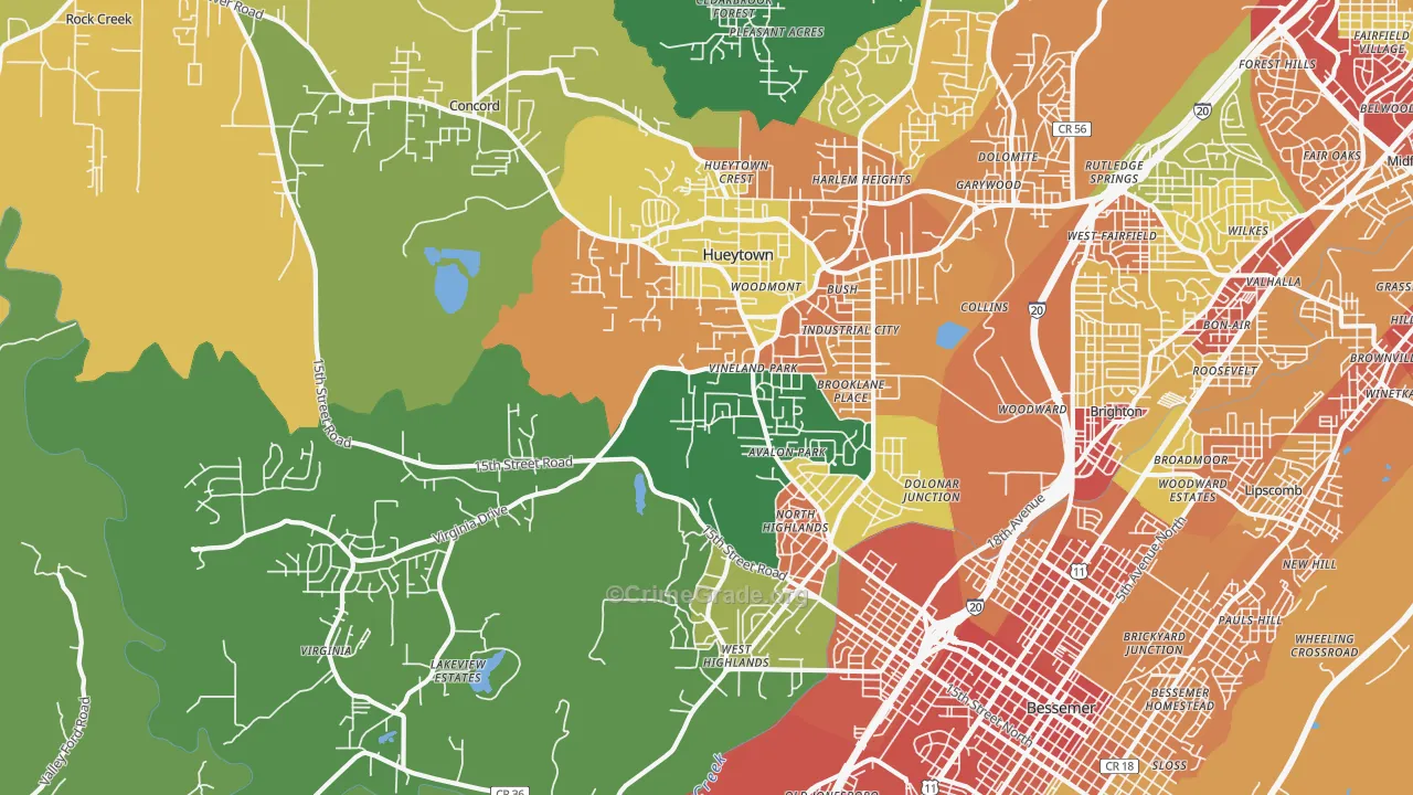Hueytown, AL Map of Robbery Rates
