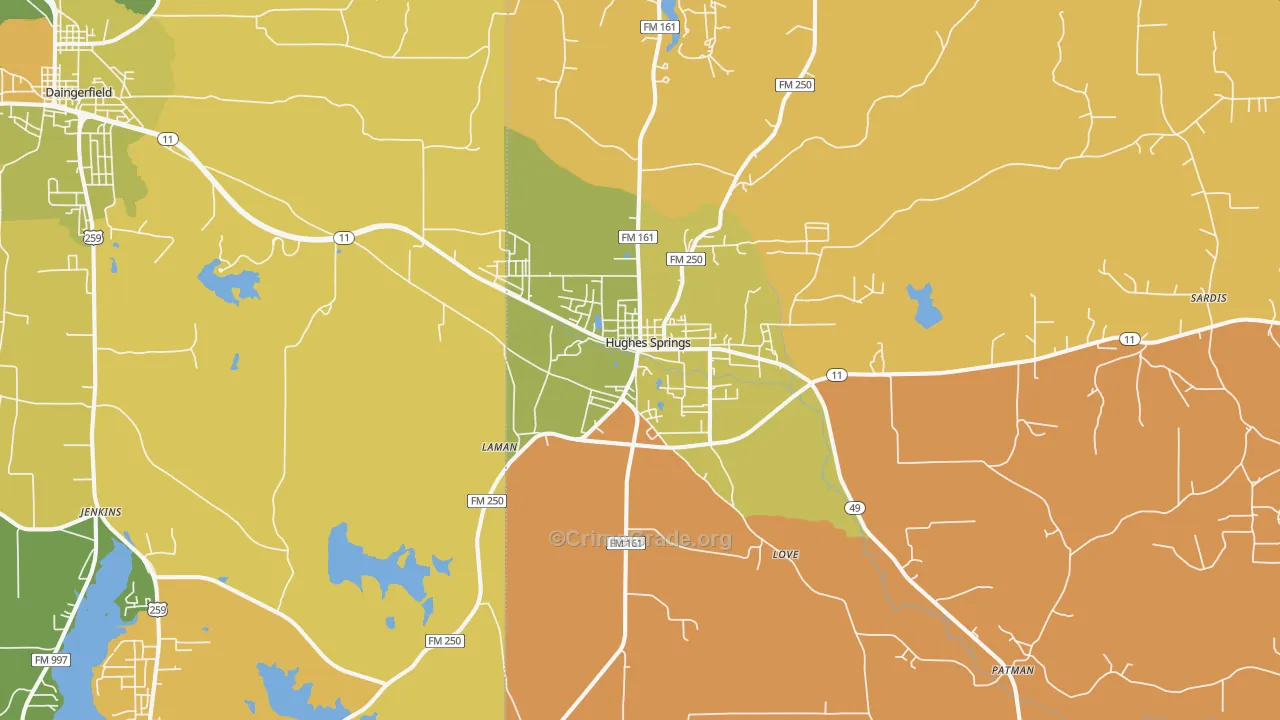 Hughes Springs, TX Map of Robbery Rates