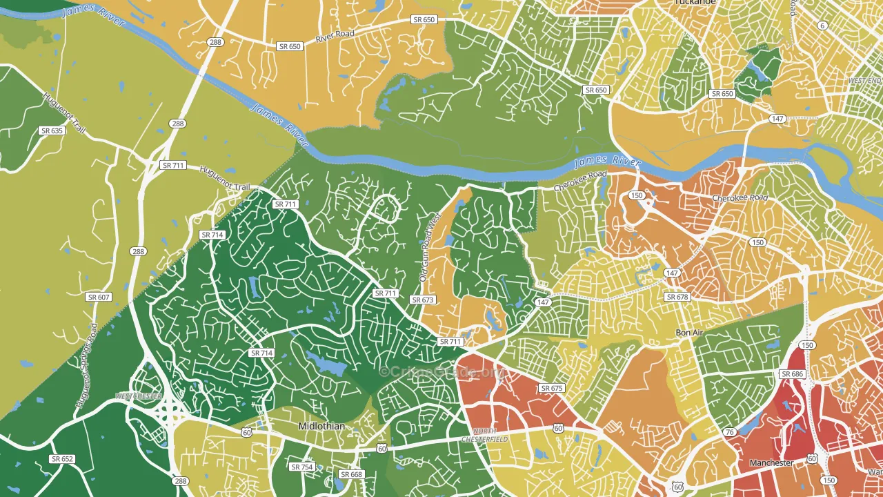 Huguenot, Richmond, VA Map of Robbery Rates