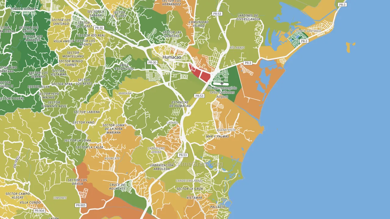 Humacao, PR Map of Robbery Rates