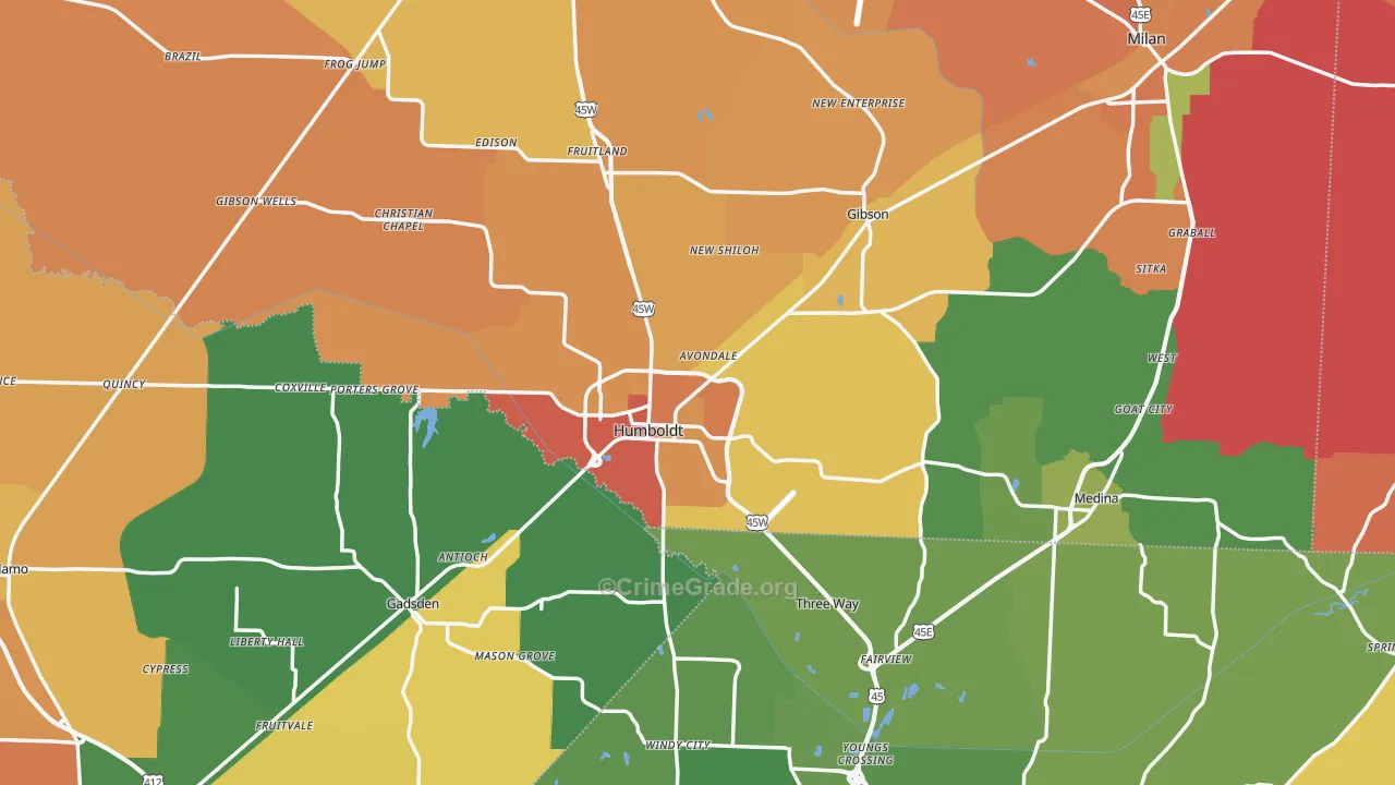 Humboldt, TN Map of Robbery Rates