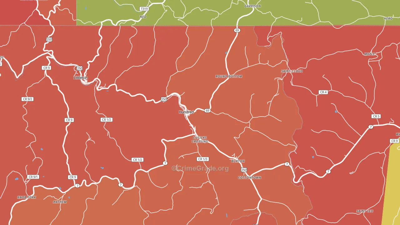 Hundred, WV Map of Robbery Rates