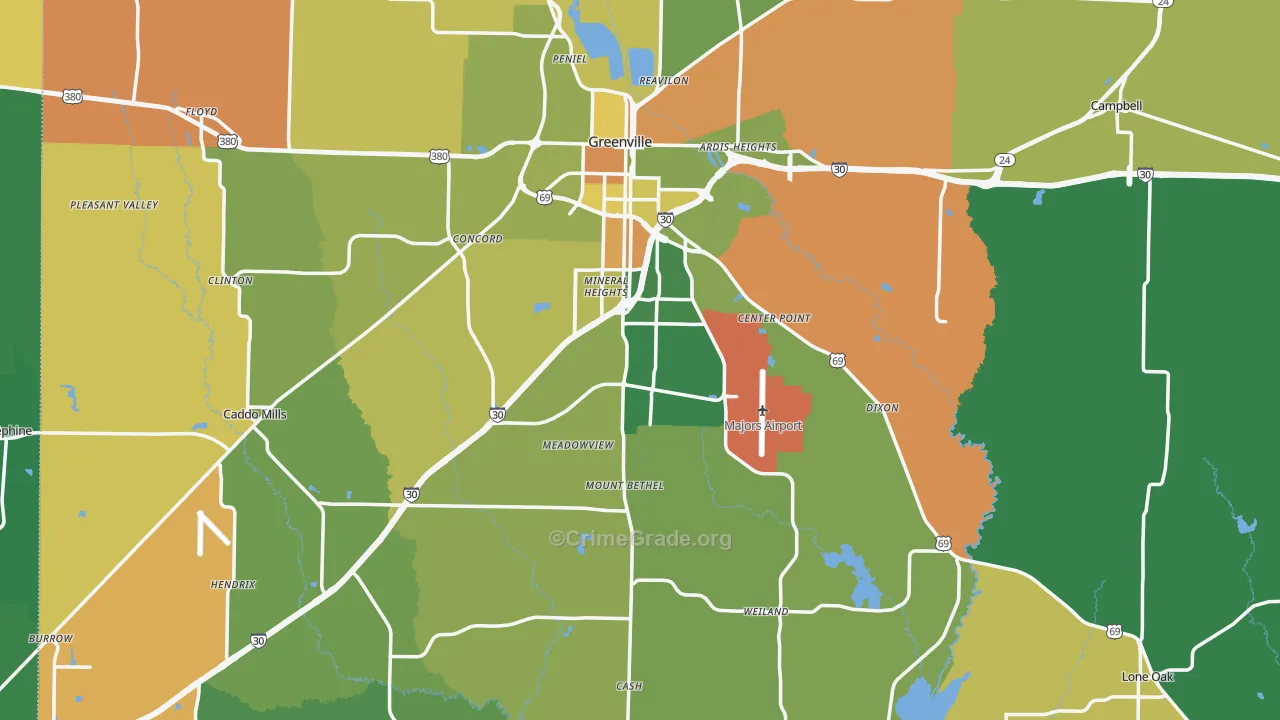 Hunt County, TX Map of Robbery Rates