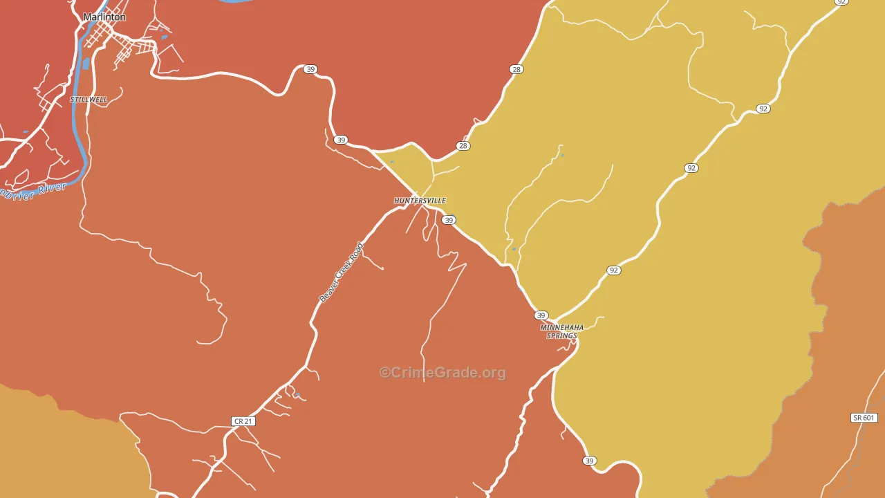 Huntersville, WV Map of Robbery Rates