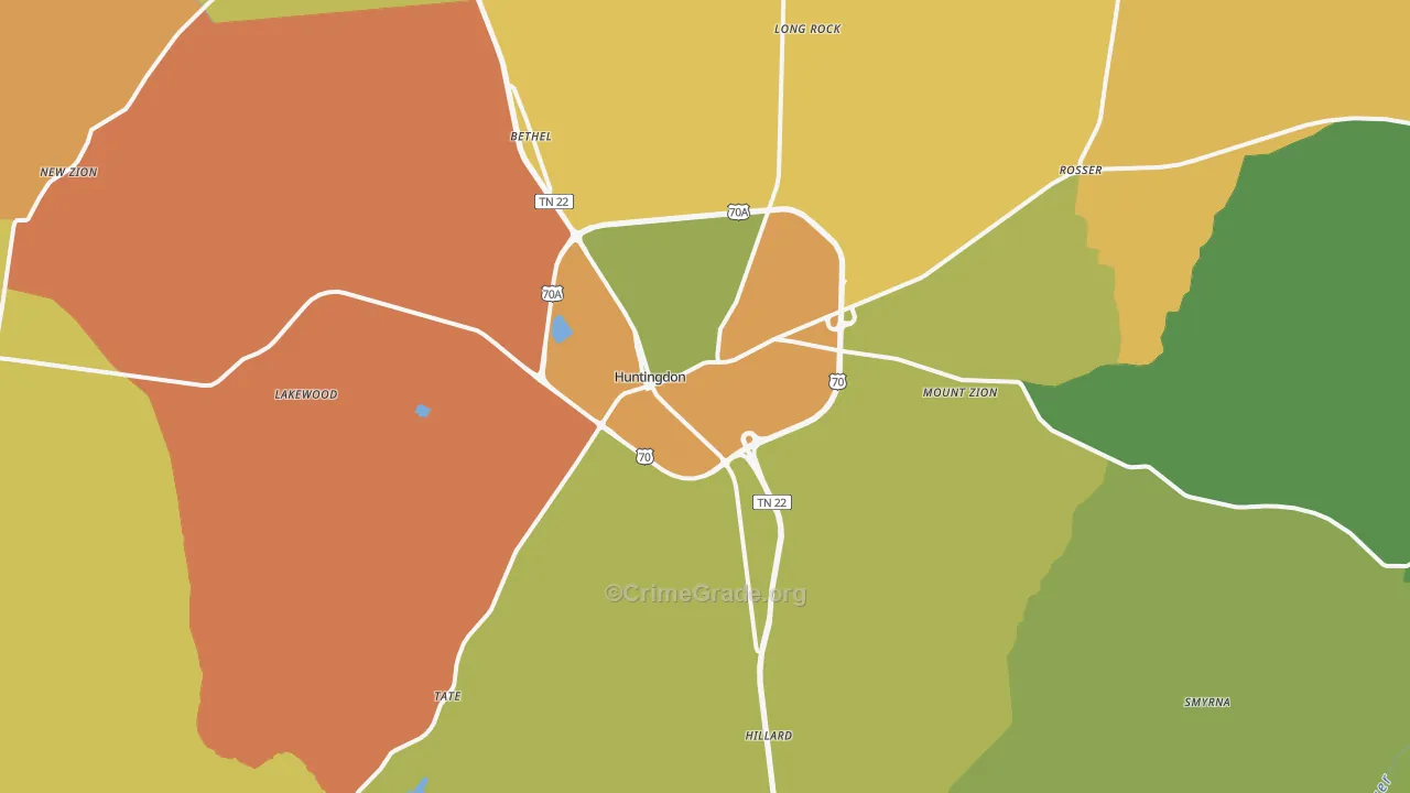 Huntingdon, TN Map of Robbery Rates