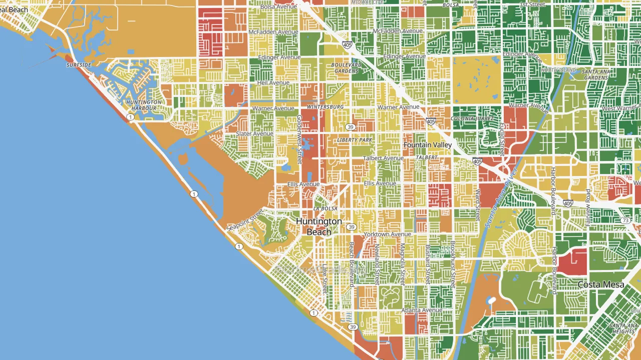Huntington Beach, CA Map of Robbery Rates