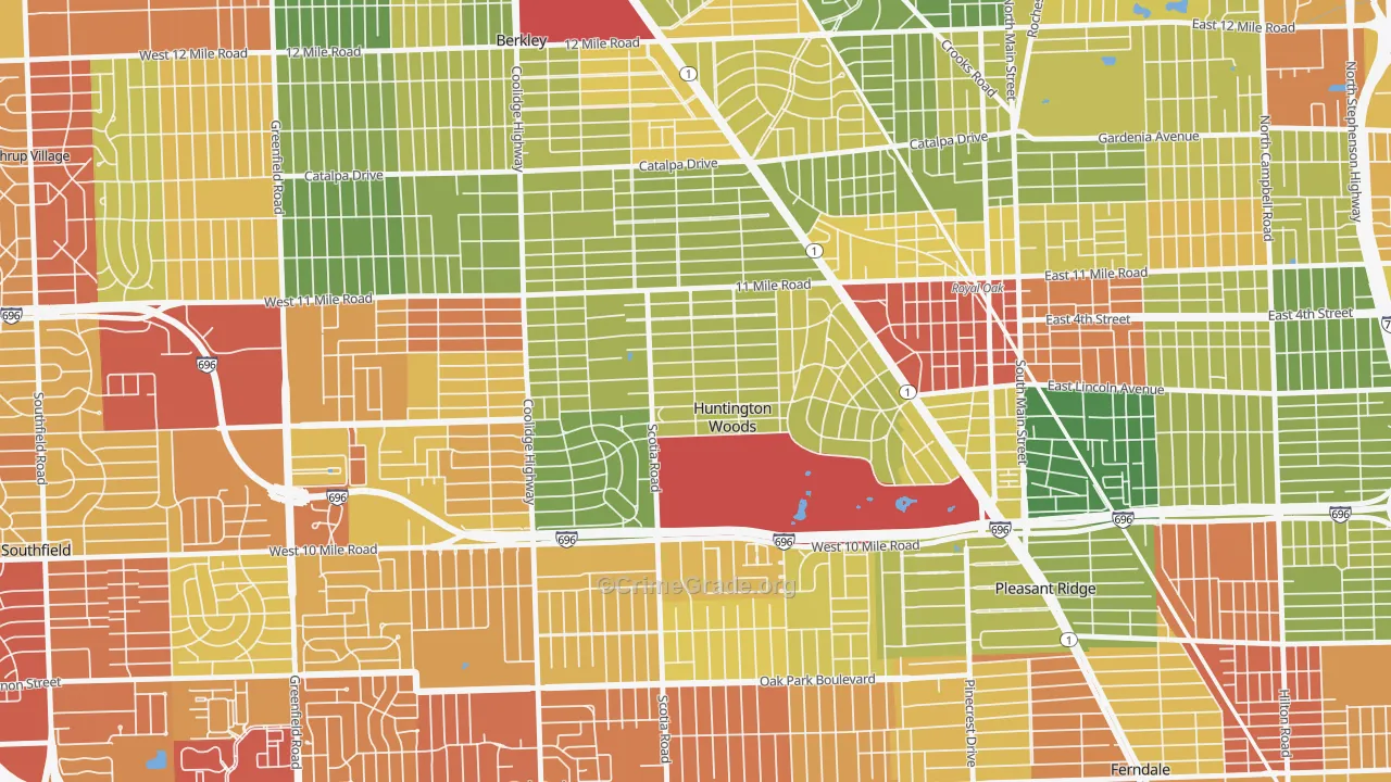 Huntington Woods, MI Map of Robbery Rates