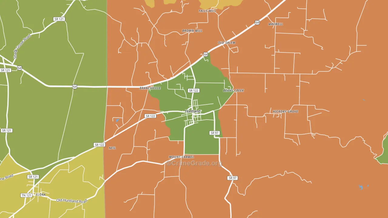 Huntland, TN Map of Robbery Rates