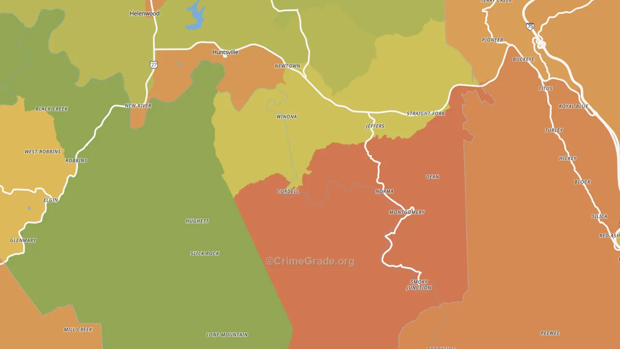 Huntsville, TN Map of Robbery Rates