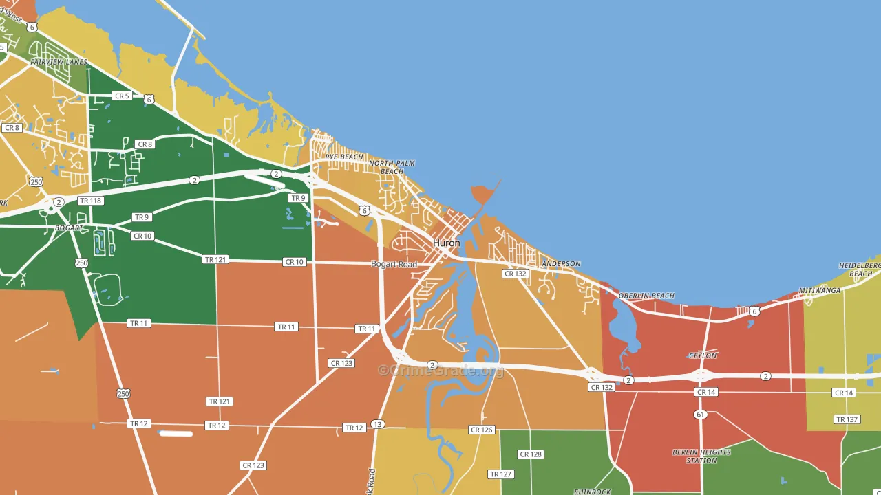 Huron, OH Map of Robbery Rates