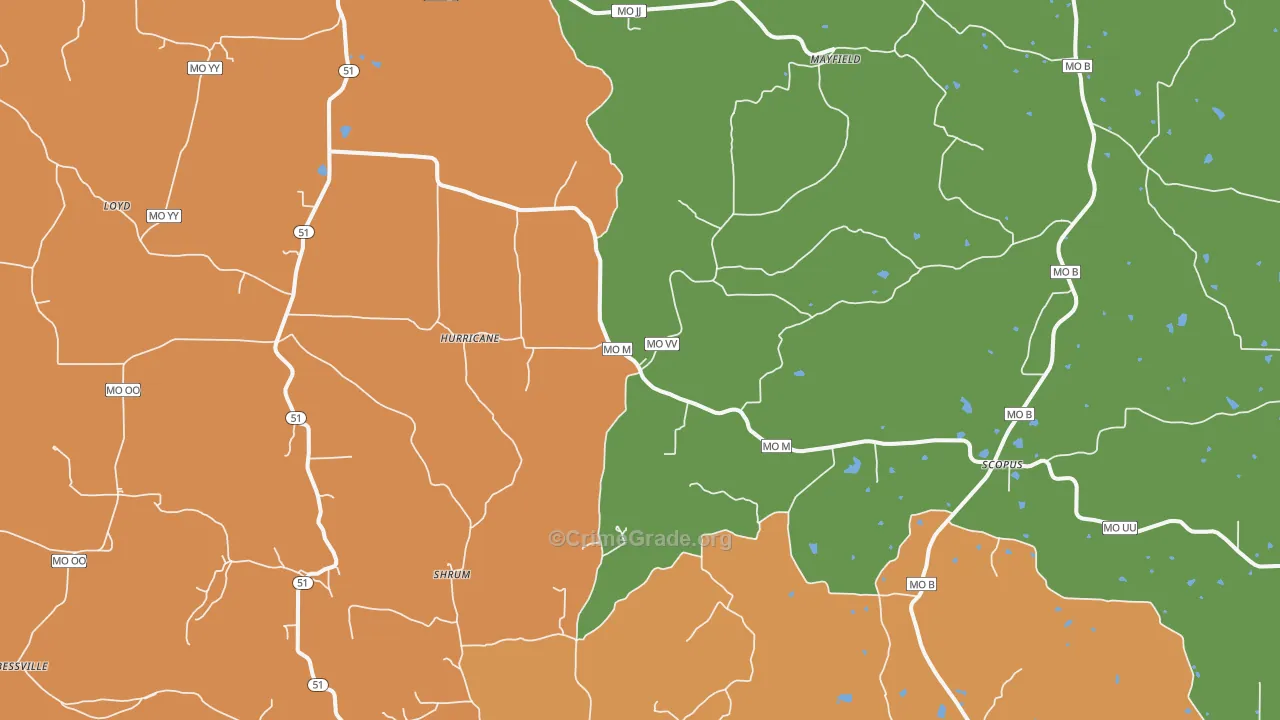 Hurricane, MO Map of Robbery Rates