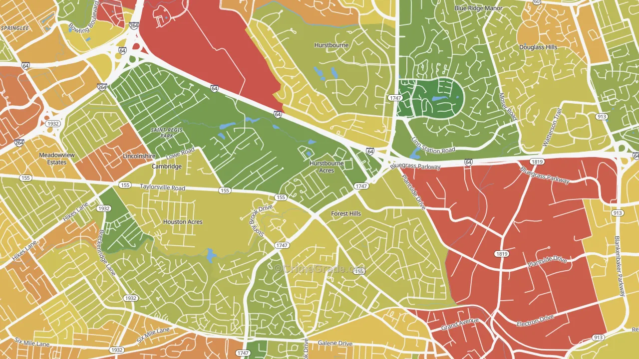 Hurstbourne Acres, KY Map of Robbery Rates