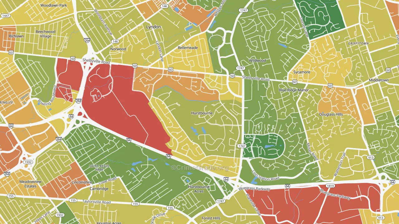 Hurstbourne, KY Map of Robbery Rates