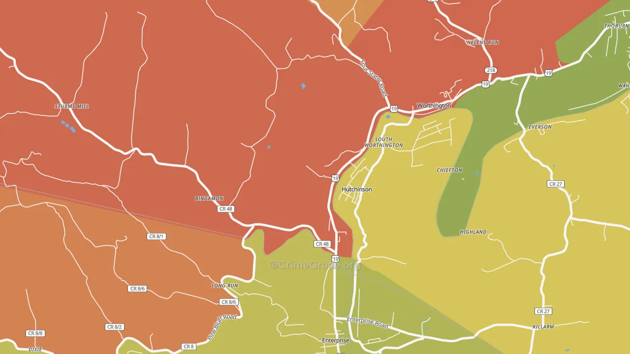 Hutchinson, WV Map of Robbery Rates